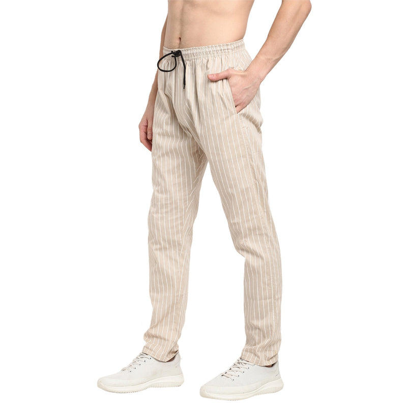 Indian Needle Men's Beige Cotton Striped Track Pants