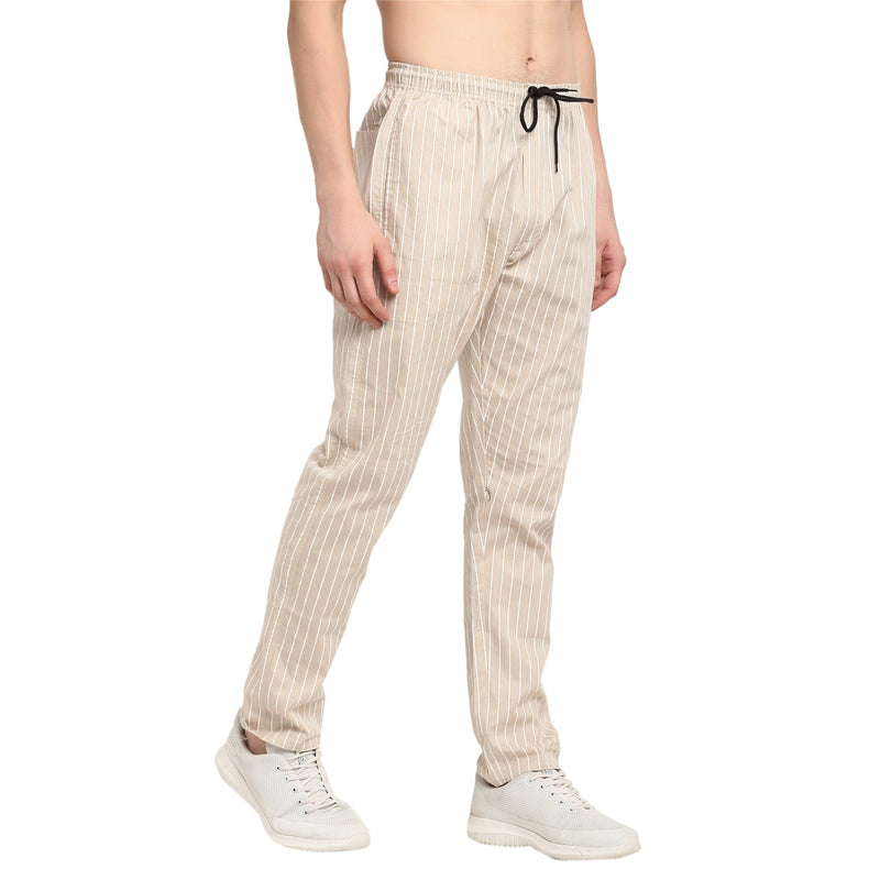 Indian Needle Men's Beige Cotton Striped Track Pants