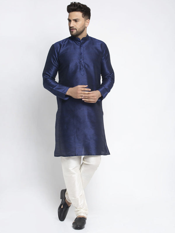 Jompers Men's Navy Solid Dupion Silk Kurta Payjama Set