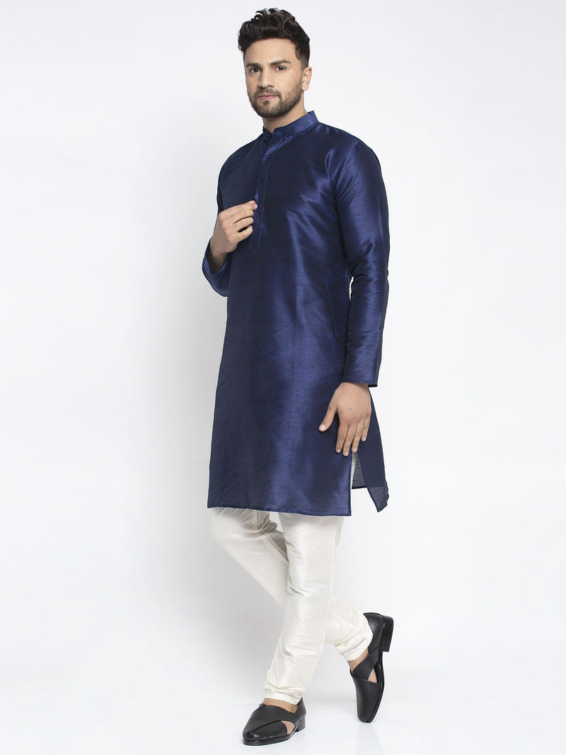 Jompers Men's Navy Solid Dupion Silk Kurta Payjama Set