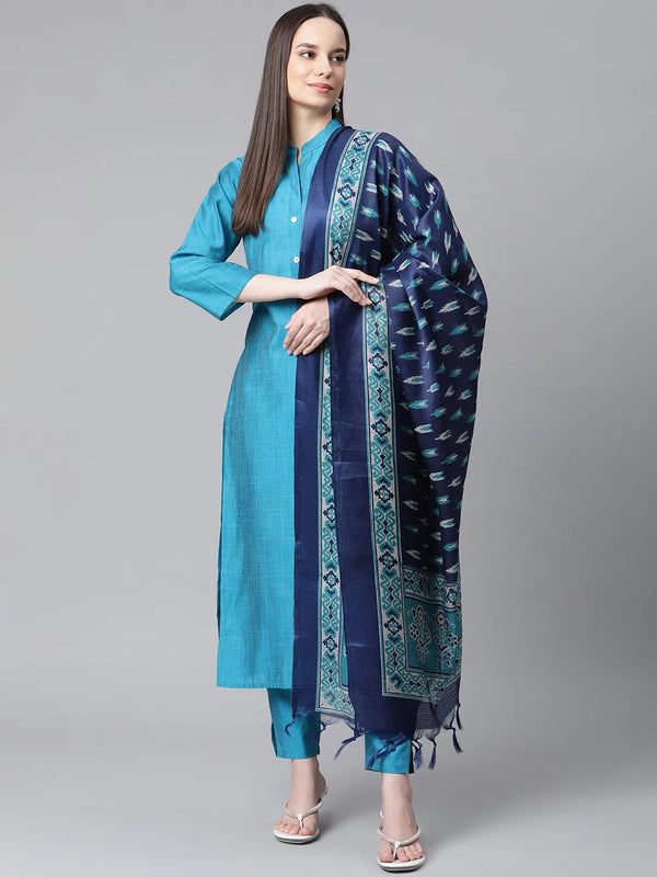 Jompers Women Blue & Green Self-Striped Kurta with Trousers & Printed Art Silk Dupatta ( JOKS D8NB 1310 Blue )