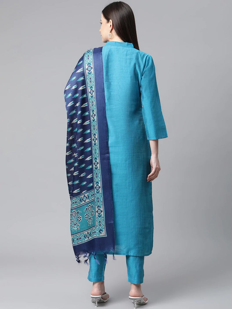 Jompers Women Blue & Green Self-Striped Kurta with Trousers & Printed Art Silk Dupatta ( JOKS D8NB 1310 Blue )