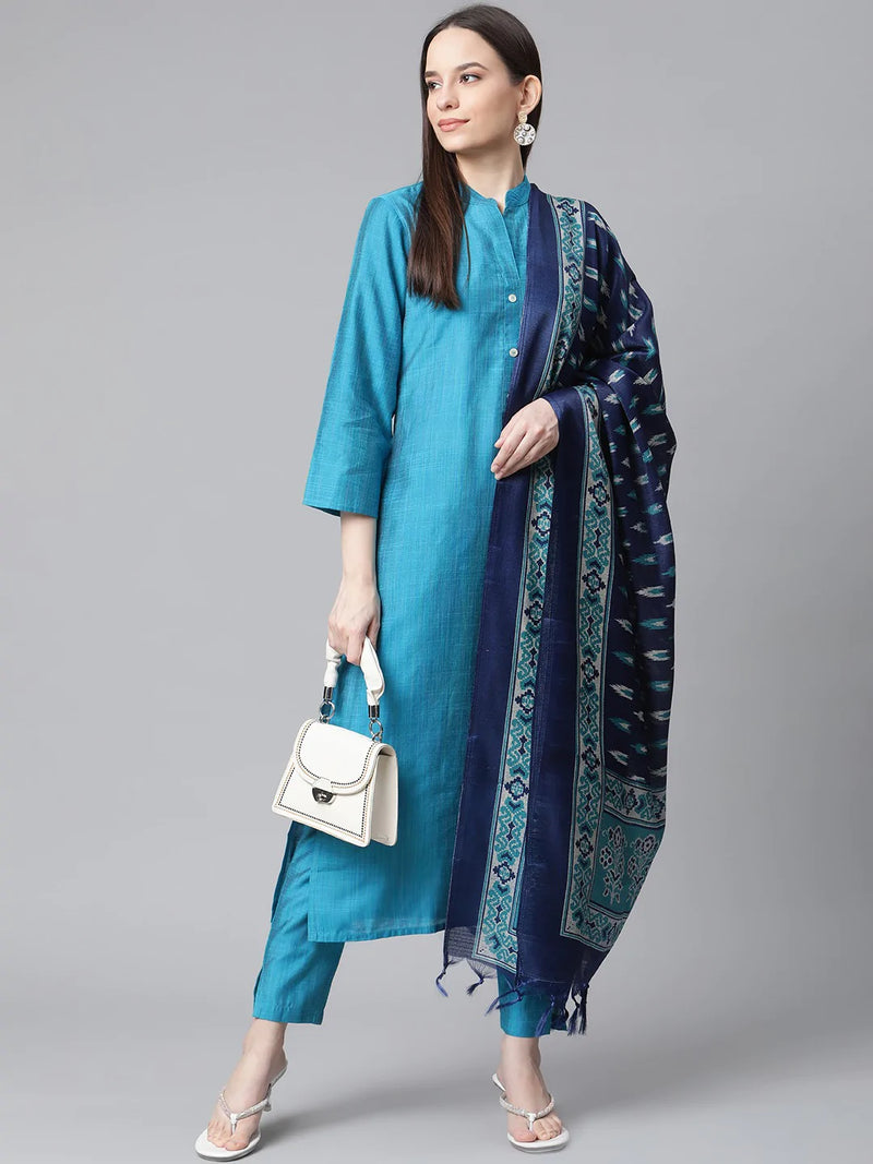 Jompers Women Blue & Green Self-Striped Kurta with Trousers & Printed Art Silk Dupatta ( JOKS D8NB 1310 Blue )