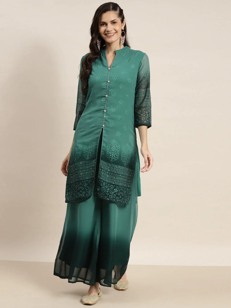 Printed Mukaish Kurta with Palazzos ( JOKPL 1460 Green )