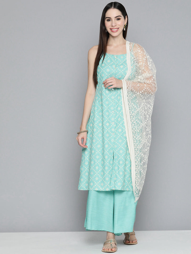 Jompers Printed Blue Kurta with Palazzos & With Chikankari Dupatta ( JOKPL D28W 1495 Sky )