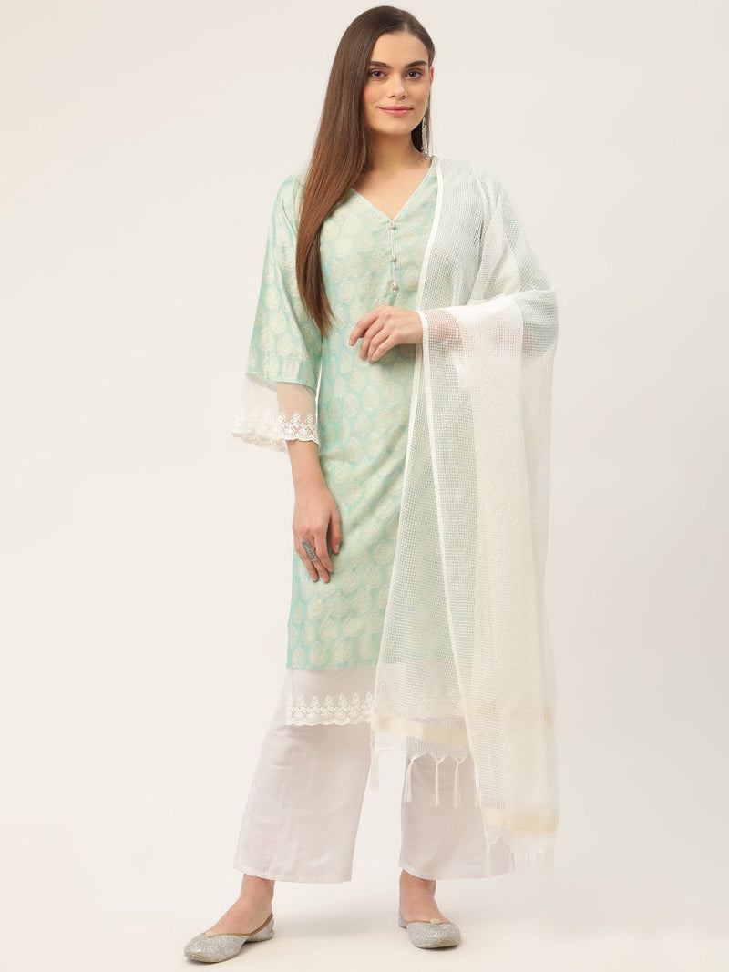 Women Blue Ethnic Motifs Jacquard Kurta with Palazzos & With Dupatta