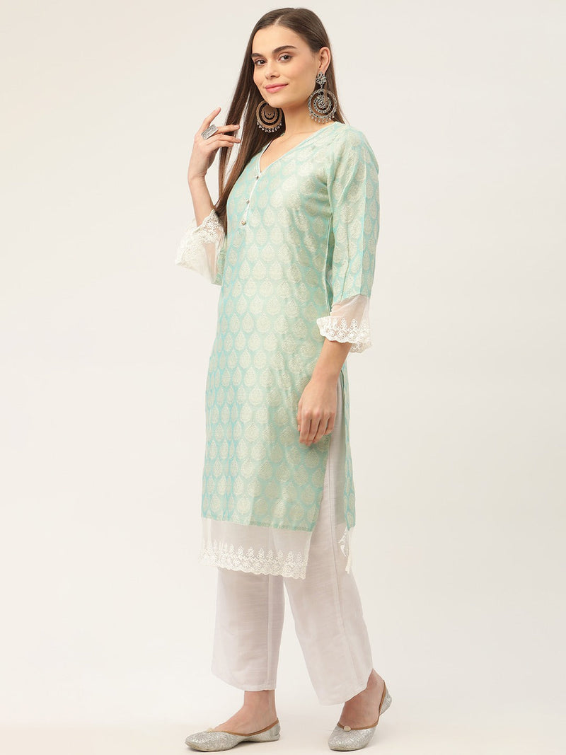 Women Blue Ethnic Motifs Jacquard Kurta with Palazzos & With Dupatta