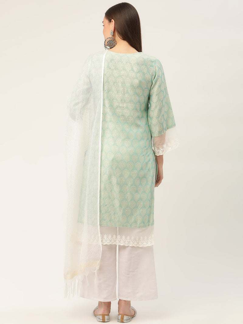 Women Blue Ethnic Motifs Jacquard Kurta with Palazzos & With Dupatta