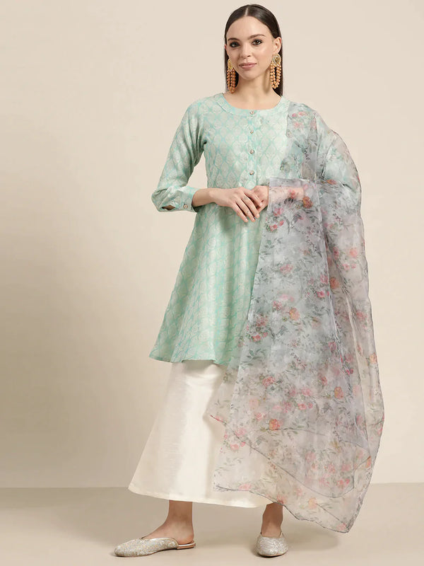 Women Floral Pleated Dupion Silk Jacquard Kurta with Palazzos & Dupatta ( JOKPL D34W 1480 Blue )