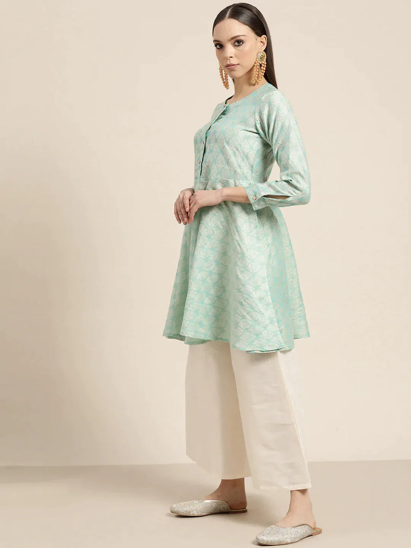 Women Floral Pleated Dupion Silk Jacquard Kurta with Palazzos & Dupatta ( JOKPL D34W 1480 Blue )