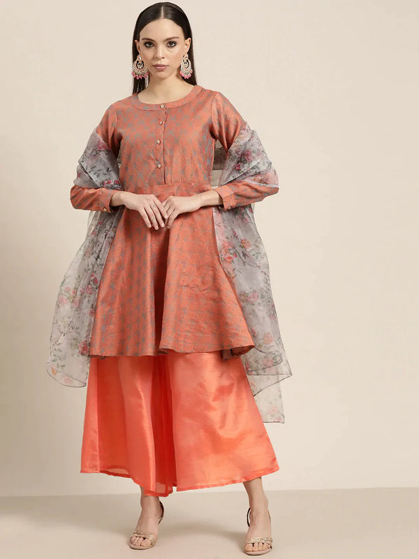 Women Floral Pleated Dupion Silk Jacquard Kurta with Palazzos & Dupatta ( JOKPL D34W 1480 Orange )