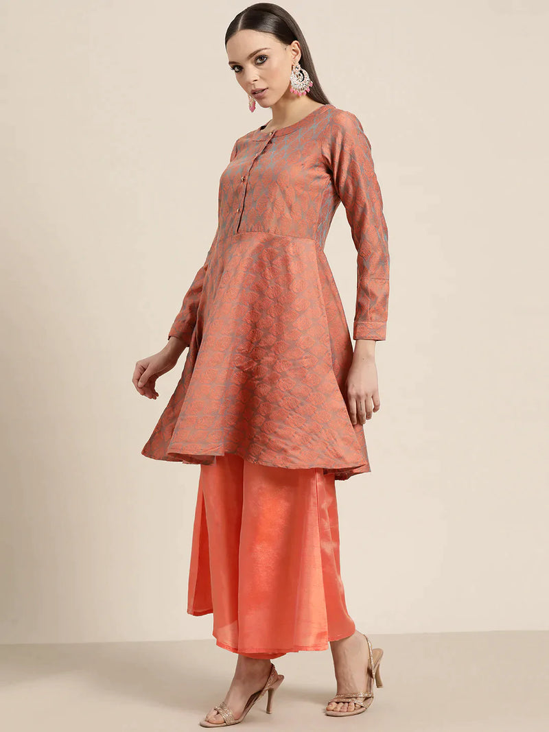 Women Floral Pleated Dupion Silk Jacquard Kurta with Palazzos & Dupatta ( JOKPL D34W 1480 Orange )