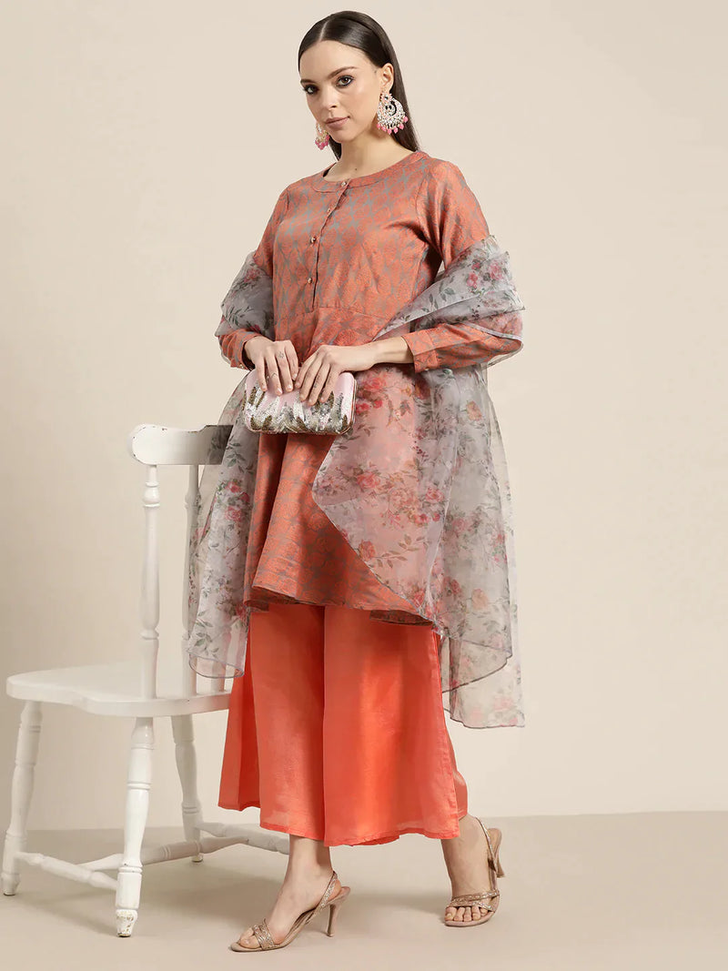 Women Floral Pleated Dupion Silk Jacquard Kurta with Palazzos & Dupatta ( JOKPL D34W 1480 Orange )