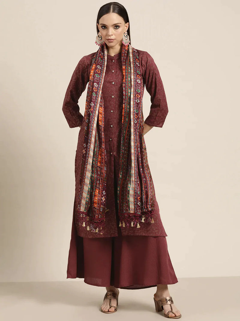 Women Maroon Floral Embroidered Mukaish Kurta with Palazzos & Dupatta ( JOKPL D39P 1481 Maroon )