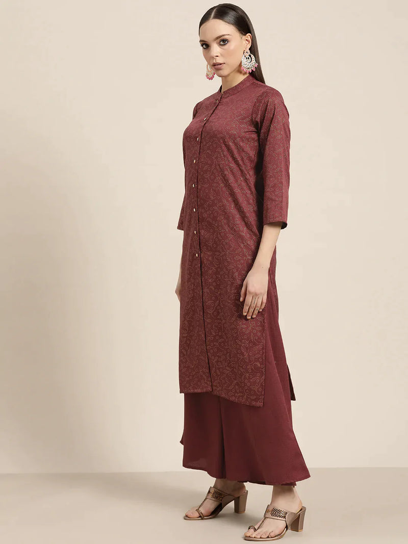 Women Maroon Floral Embroidered Mukaish Kurta with Palazzos & Dupatta ( JOKPL D39P 1481 Maroon )