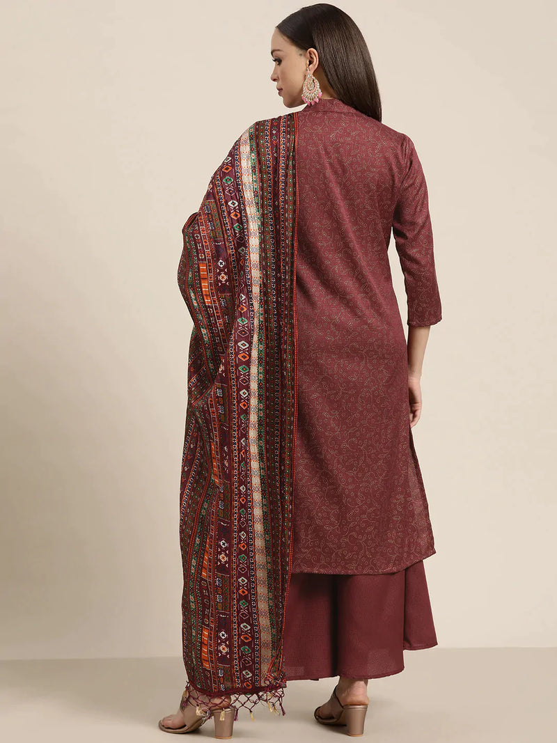 Women Maroon Floral Embroidered Mukaish Kurta with Palazzos & Dupatta ( JOKPL D39P 1481 Maroon )