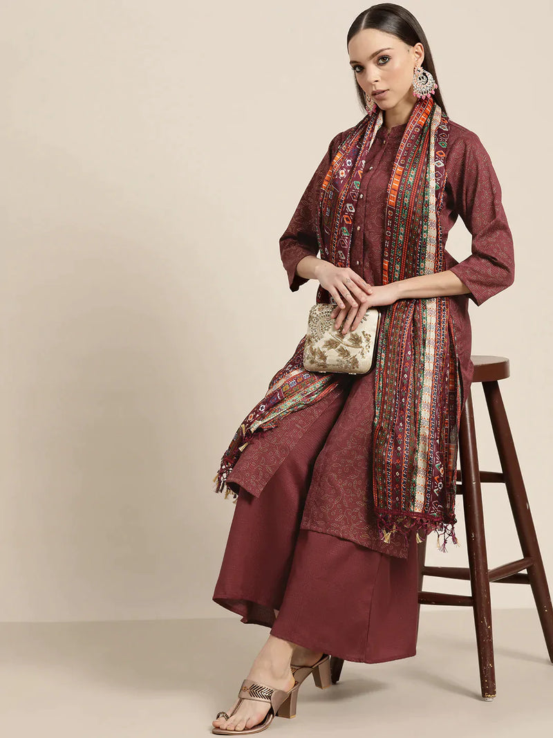 Women Maroon Floral Embroidered Mukaish Kurta with Palazzos & Dupatta ( JOKPL D39P 1481 Maroon )