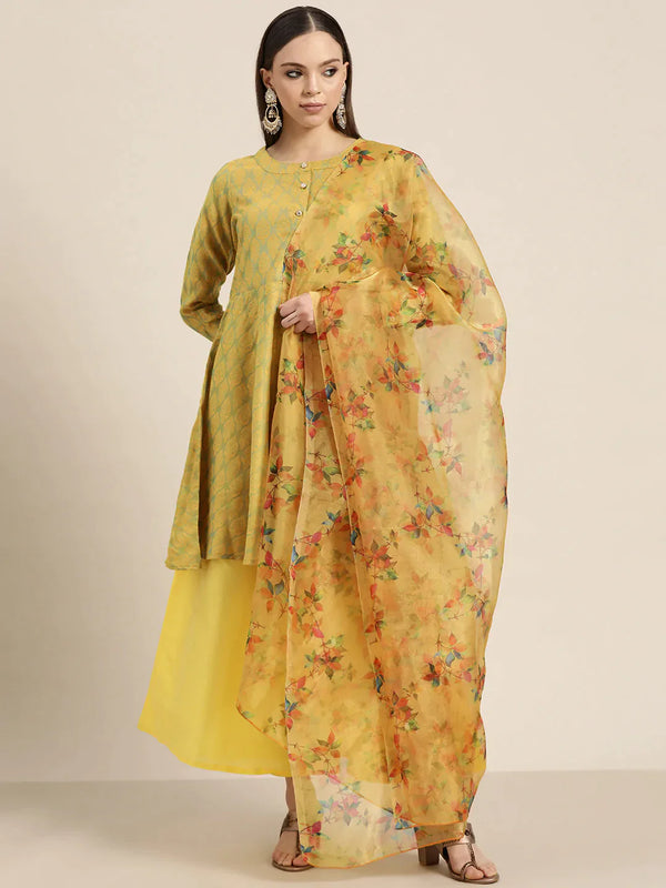 Women Floral Pleated Dupion Silk Jacquard Kurta with Palazzos & Dupatta ( JOKPL D40Y 1480 Yellow )