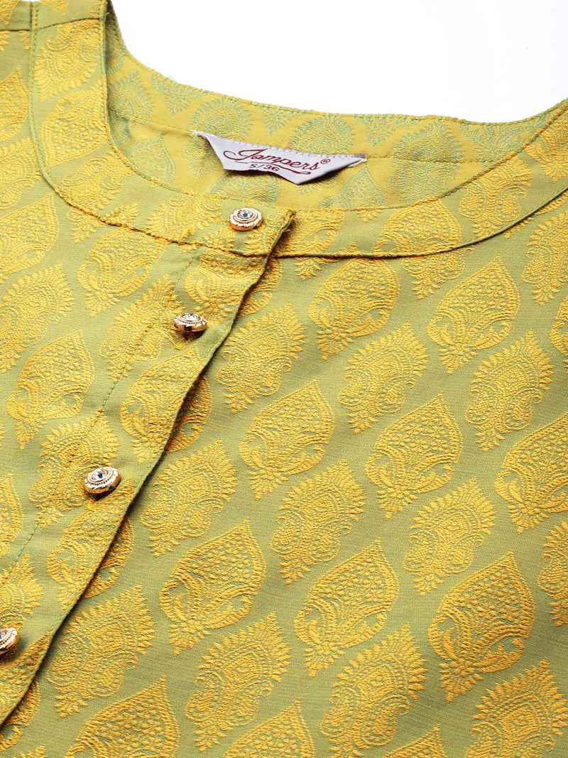 Women Floral Pleated Dupion Silk Jacquard Kurta with Palazzos & Dupatta ( JOKPL D40Y 1480 Yellow )