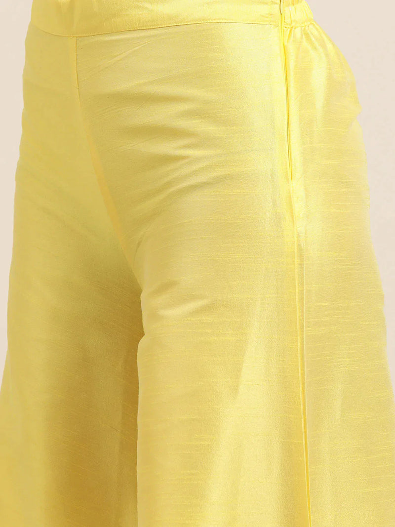 Women Floral Pleated Dupion Silk Jacquard Kurta with Palazzos & Dupatta ( JOKPL D40Y 1480 Yellow )