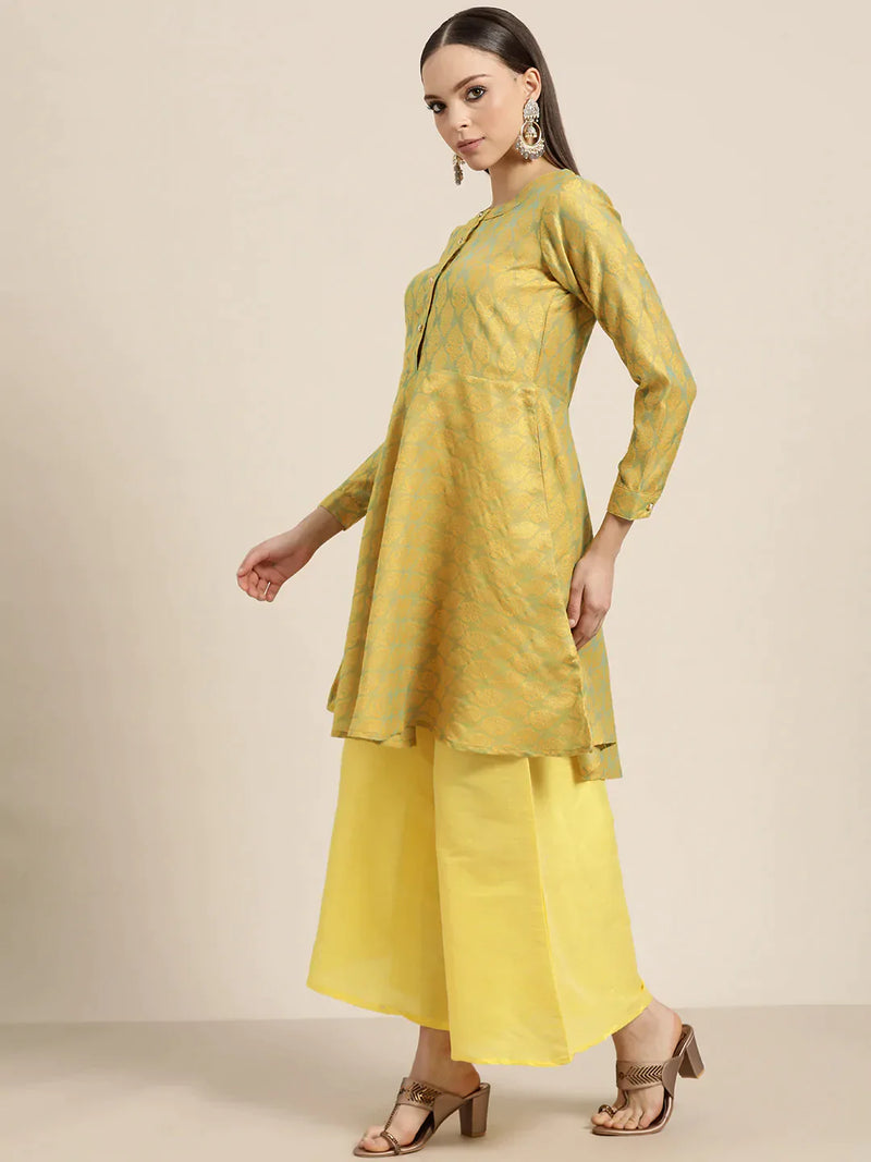 Women Floral Pleated Dupion Silk Jacquard Kurta with Palazzos & Dupatta ( JOKPL D40Y 1480 Yellow )