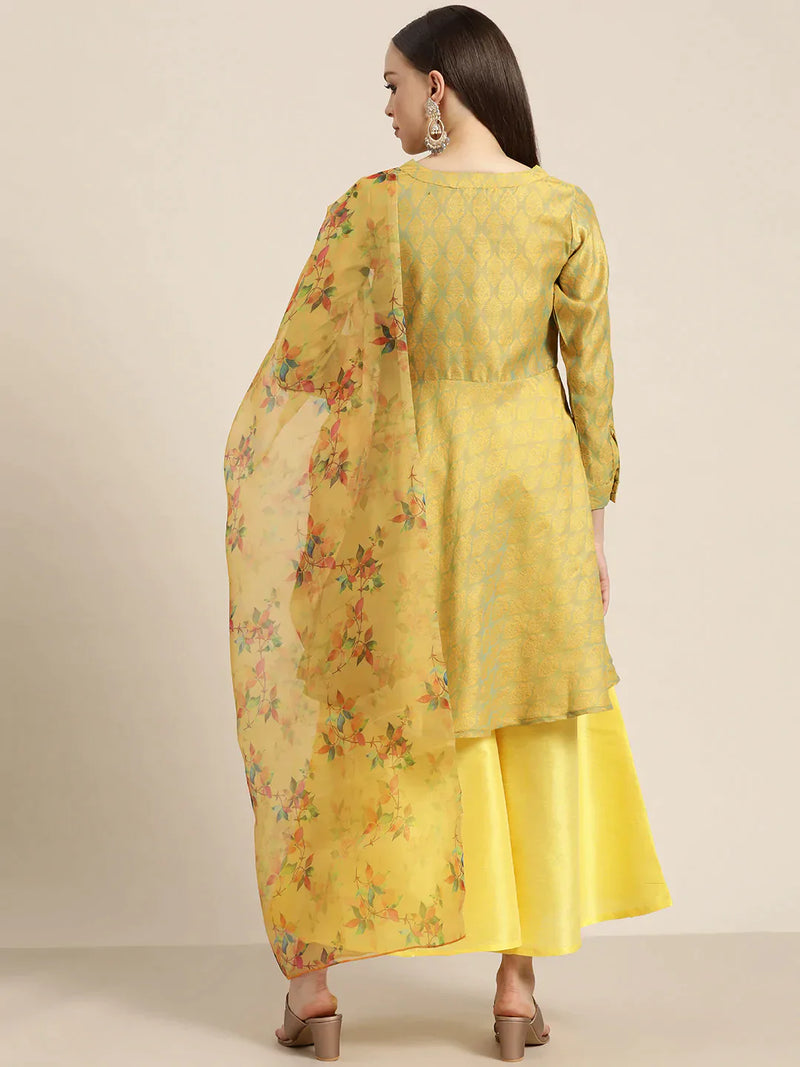 Women Floral Pleated Dupion Silk Jacquard Kurta with Palazzos & Dupatta ( JOKPL D40Y 1480 Yellow )