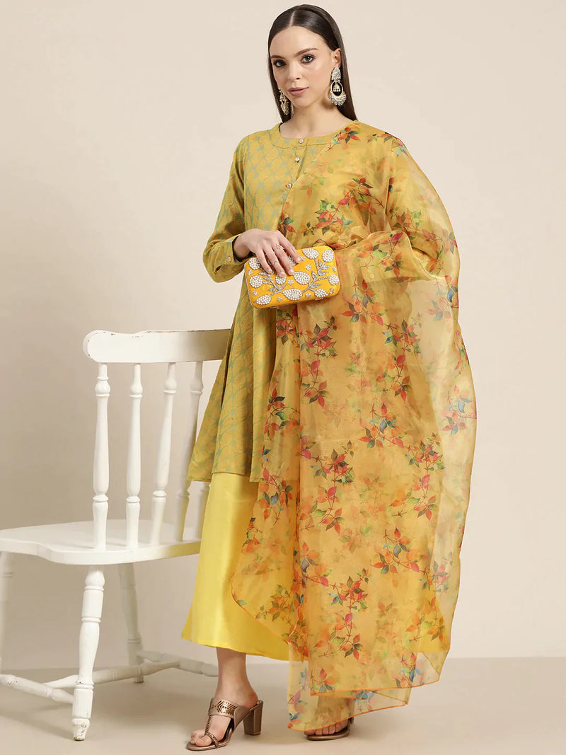 Women Floral Pleated Dupion Silk Jacquard Kurta with Palazzos & Dupatta ( JOKPL D40Y 1480 Yellow )