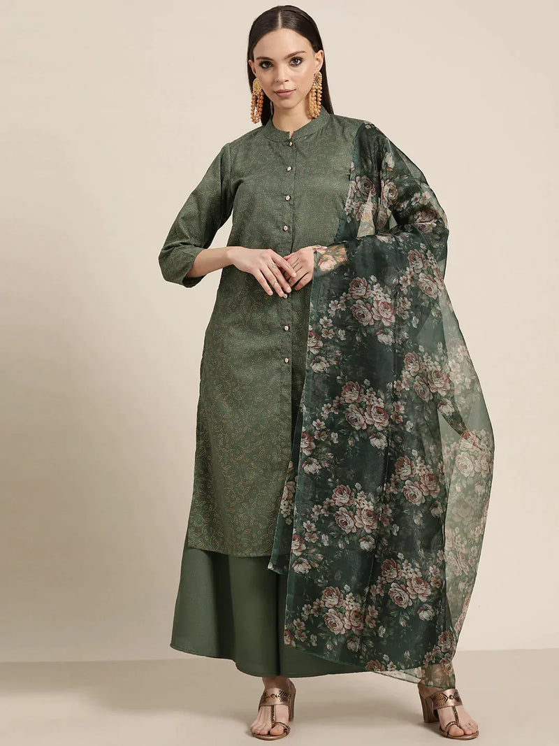 Women Maroon Floral Embroidered Mukaish Kurta with Palazzos & Dupatta ( JOKPL D41G 1481 Green )