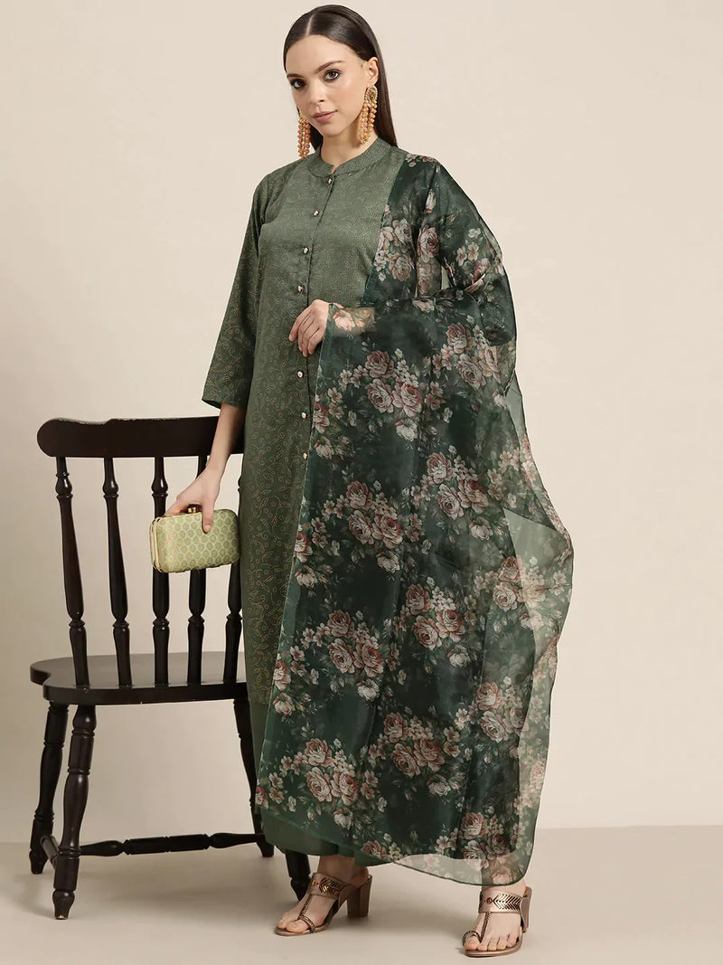 Women Maroon Floral Embroidered Mukaish Kurta with Palazzos & Dupatta ( JOKPL D41G 1481 Green )