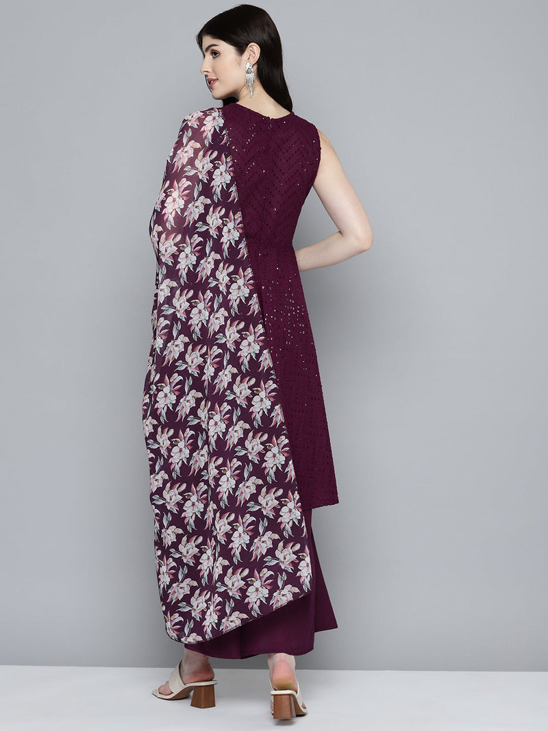 Women Embroidered Sequinned Kurta & Palazzos With Dupatta