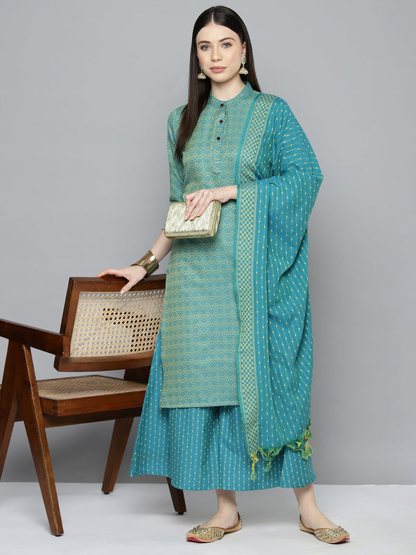 Woven design kurta, pallazos and dupatta set ( JOKPL D51F 1538 Firozi )