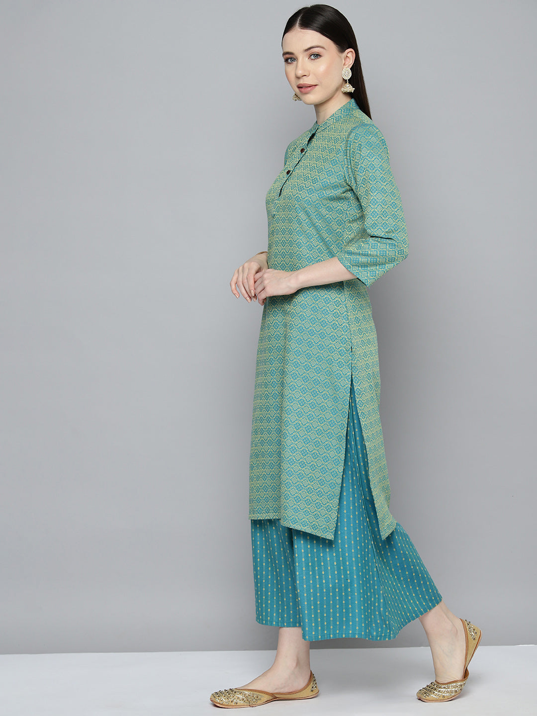 Woven design kurta, pallazos and dupatta set ( JOKPL D51F 1538 Firozi )