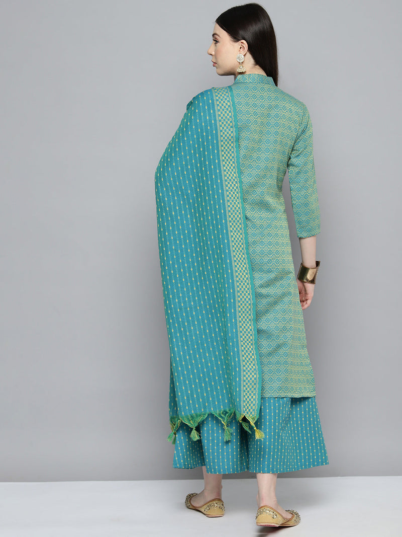 Woven design kurta, pallazos and dupatta set ( JOKPL D51F 1538 Firozi )