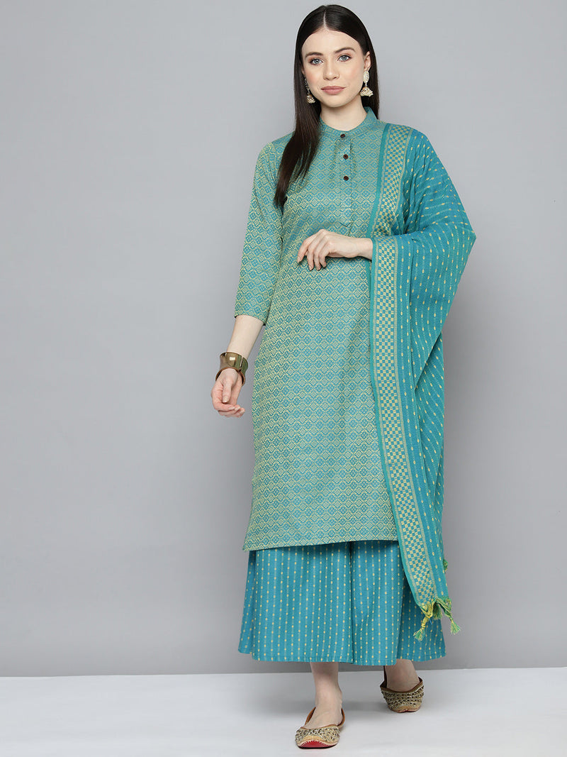 Woven design kurta, pallazos and dupatta set ( JOKPL D51F 1538 Firozi )