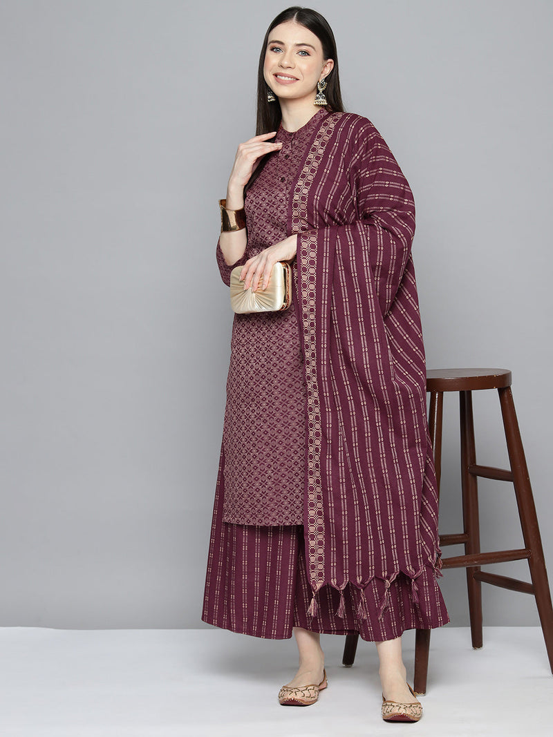 Woven design kurta, pallazos and dupatta set ( JOKPL D51P 1538 Purple )