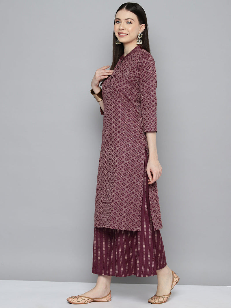 Woven design kurta, pallazos and dupatta set ( JOKPL D51P 1538 Purple )