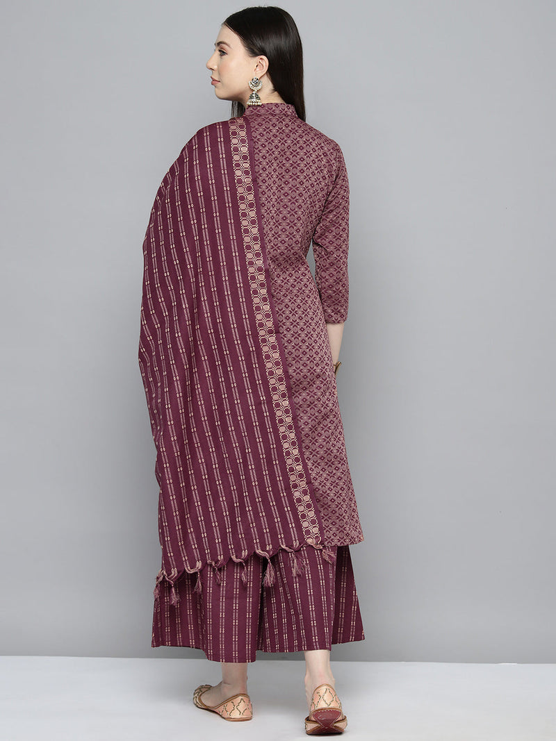 Woven design kurta, pallazos and dupatta set ( JOKPL D51P 1538 Purple )