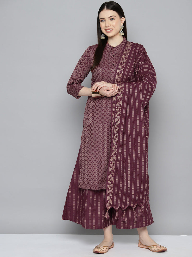 Woven design kurta, pallazos and dupatta set ( JOKPL D51P 1538 Purple )