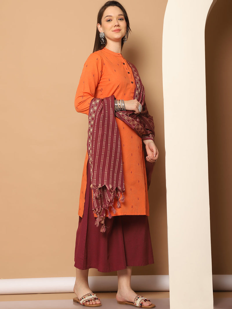 Women Woven Design Orange Kurta with Palazzos & With Dupatta ( JOKPL D51P 1555 Orange )