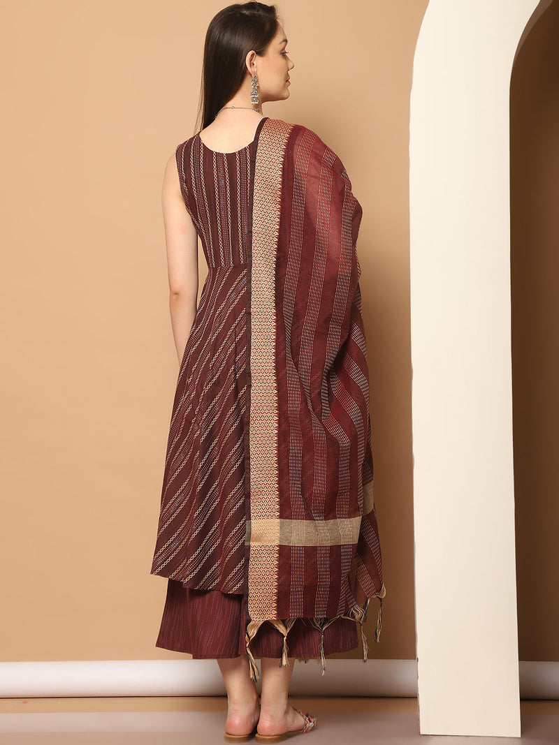 Women Woven Design Kantha Work Kurta with Palazzos & With Dupatta ( JOKPL D56M 1554 Maroon )