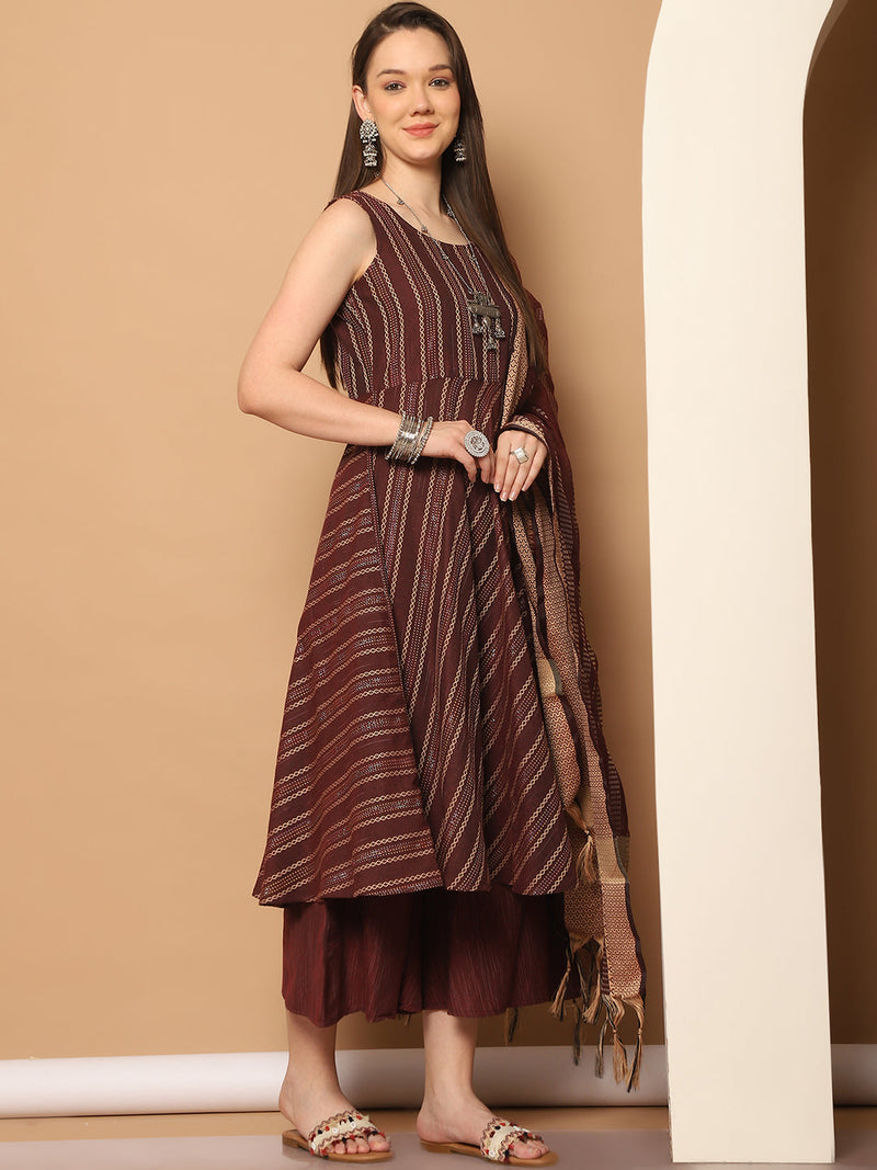 Women Woven Design Kantha Work Kurta with Palazzos & With Dupatta ( JOKPL D56M 1554 Maroon )