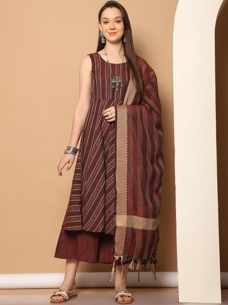 Women Woven Design Kantha Work Kurta with Palazzos & With Dupatta ( JOKPL D56M 1554 Maroon )