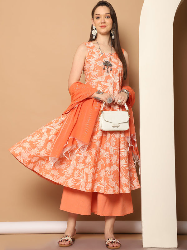 Printed orange flared kurta pallazos dupatta set ( JOKPL D56O 1546 Orange )