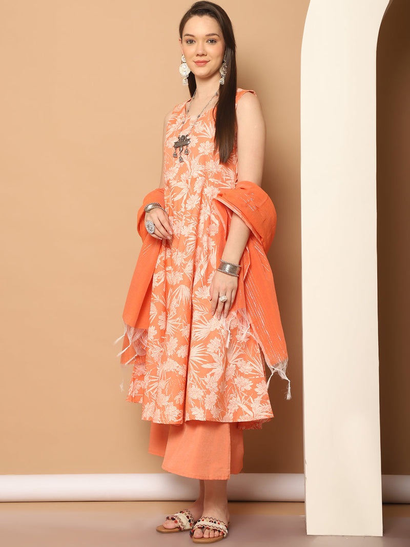 Printed orange flared kurta pallazos dupatta set ( JOKPL D56O 1546 Orange )