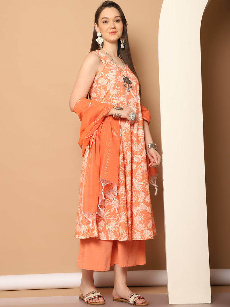 Printed orange flared kurta pallazos dupatta set ( JOKPL D56O 1546 Orange )