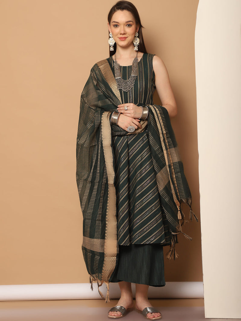 Women Olive Green Woven Design Kantha Work Kurta with Palazzos & With Dupatta ( JOKPL D56O 1554 Olive )