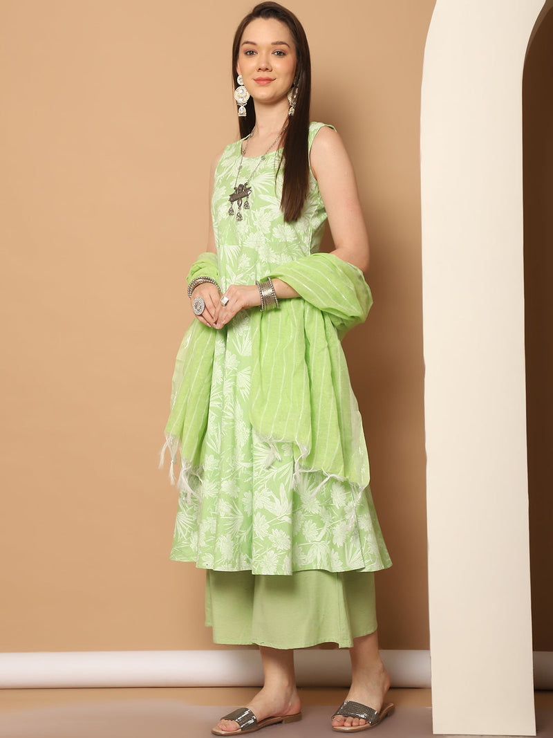 Printed green flared kurta pallazos dupatta set ( JOKPL D56P 1546 Pista )