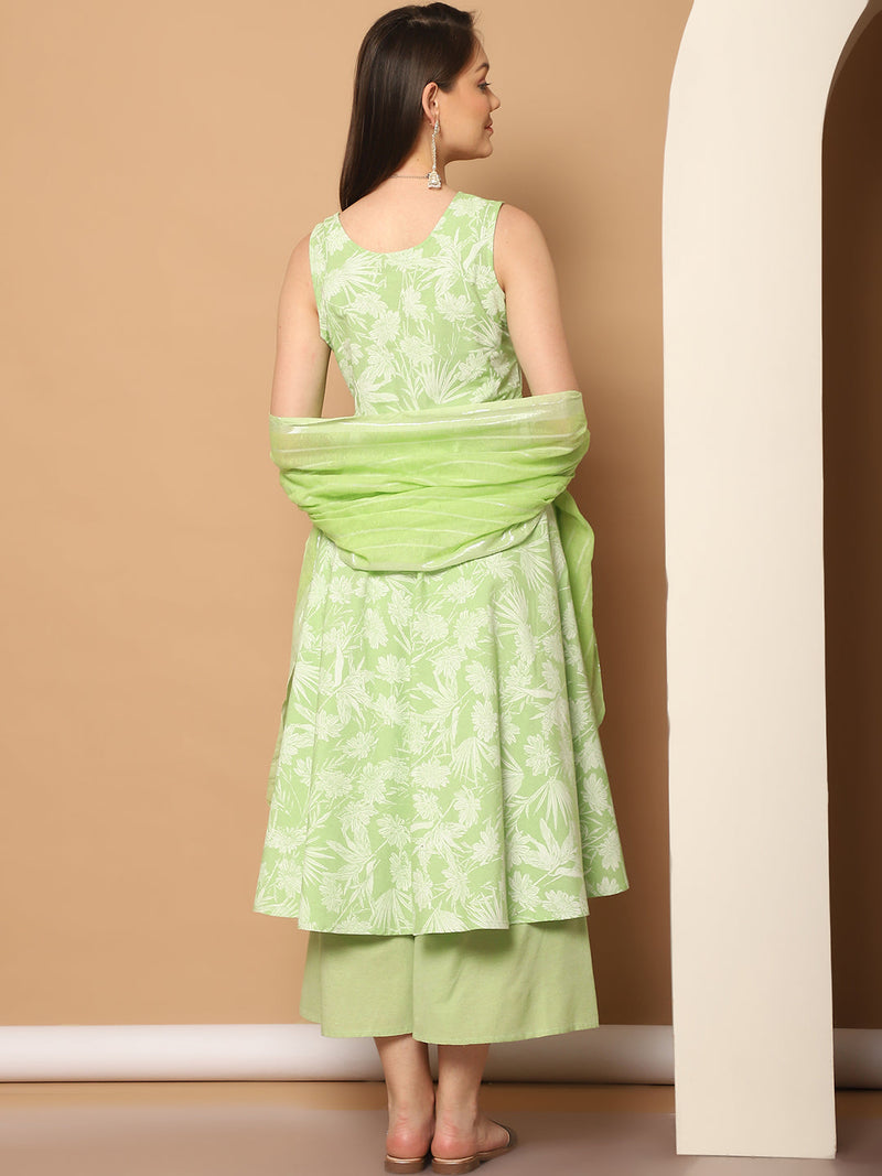 Printed green flared kurta pallazos dupatta set