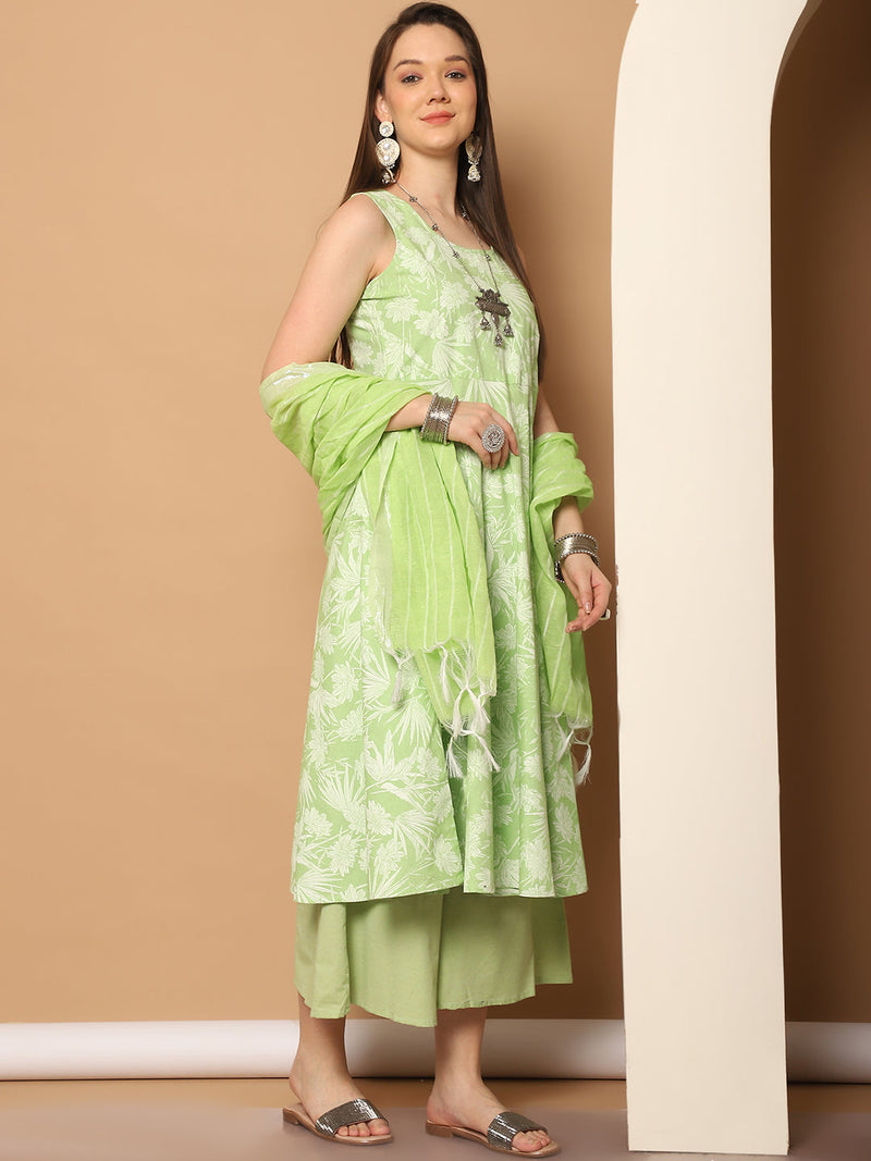 Printed green flared kurta pallazos dupatta set ( JOKPL D56P 1546 Pista )