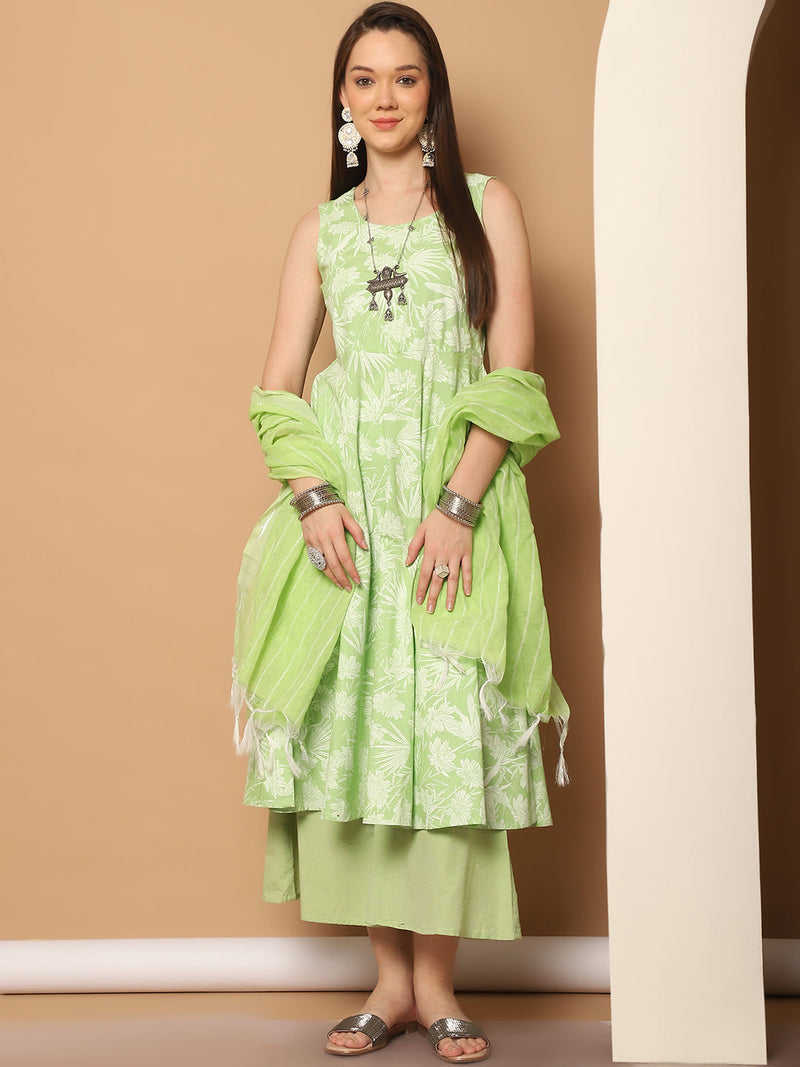 Printed green flared kurta pallazos dupatta set